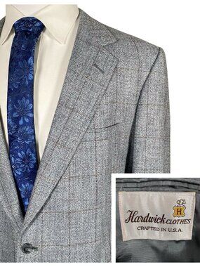 Vintage Hardwick Clothes Tweed Sport Coat 46L Blue Grey Silver Windowpane USA